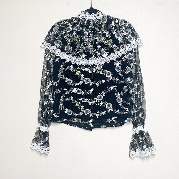 Sister Jane Prickle Organza Blouse XS Black Floral Long Sleeve Button Down Top - Picture 5 of 8